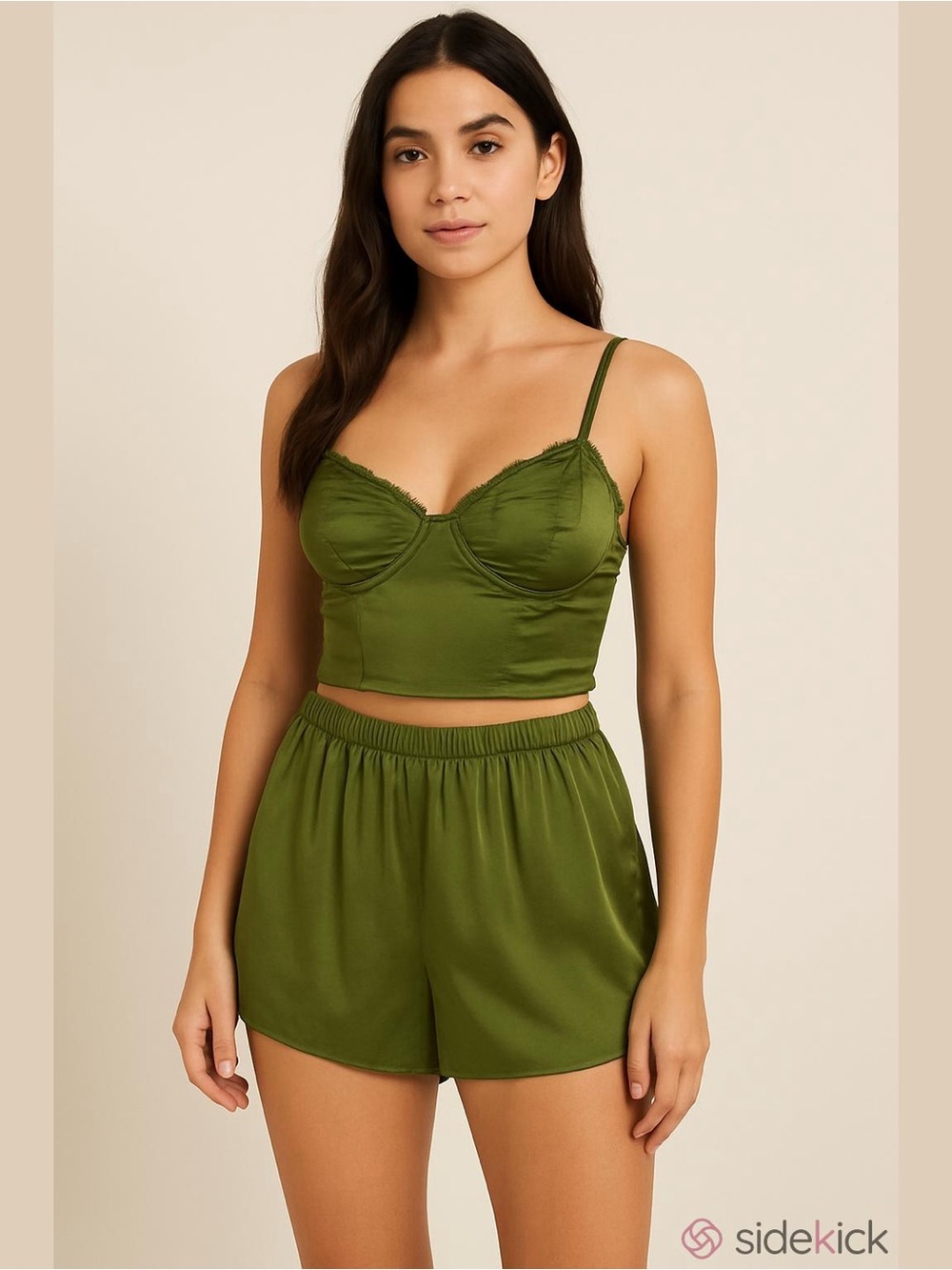 Green Satin Lace Cami Pajama Set - Picture 2 of 2